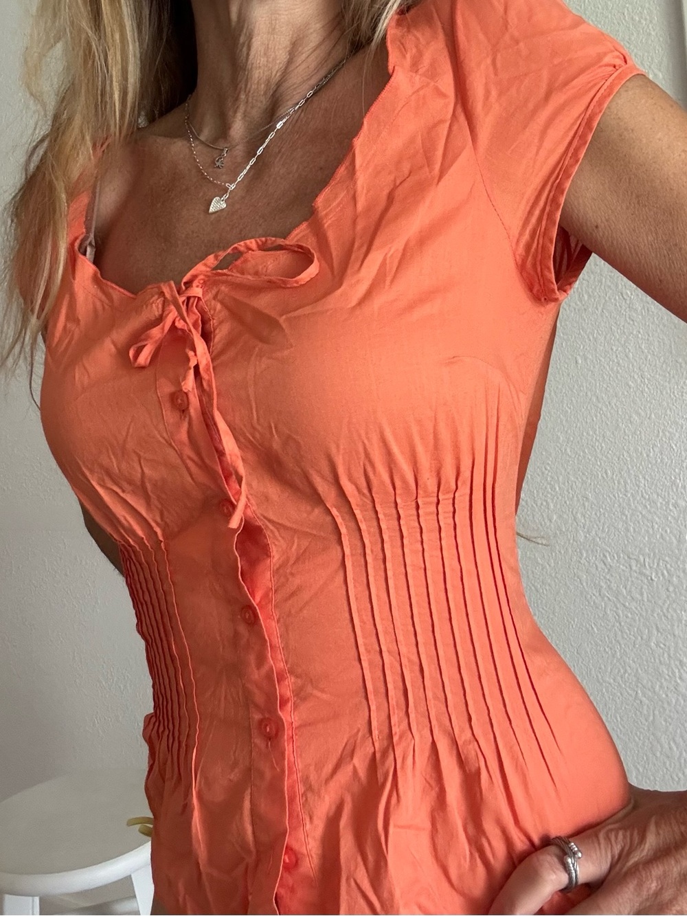 Sunny Leigh Orange Short Sleeve Button Front Cotton Blouse M